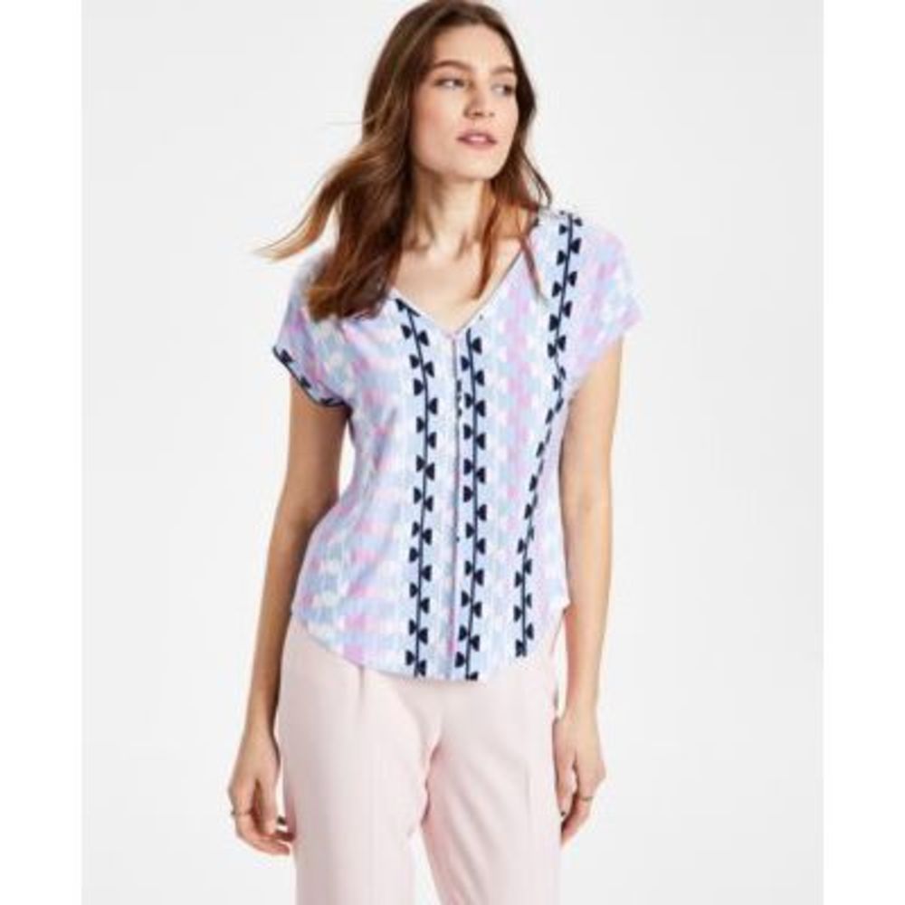 MSRP $59 Bar III Women Printed Seamed V-Neck Blouse Blue Size XS